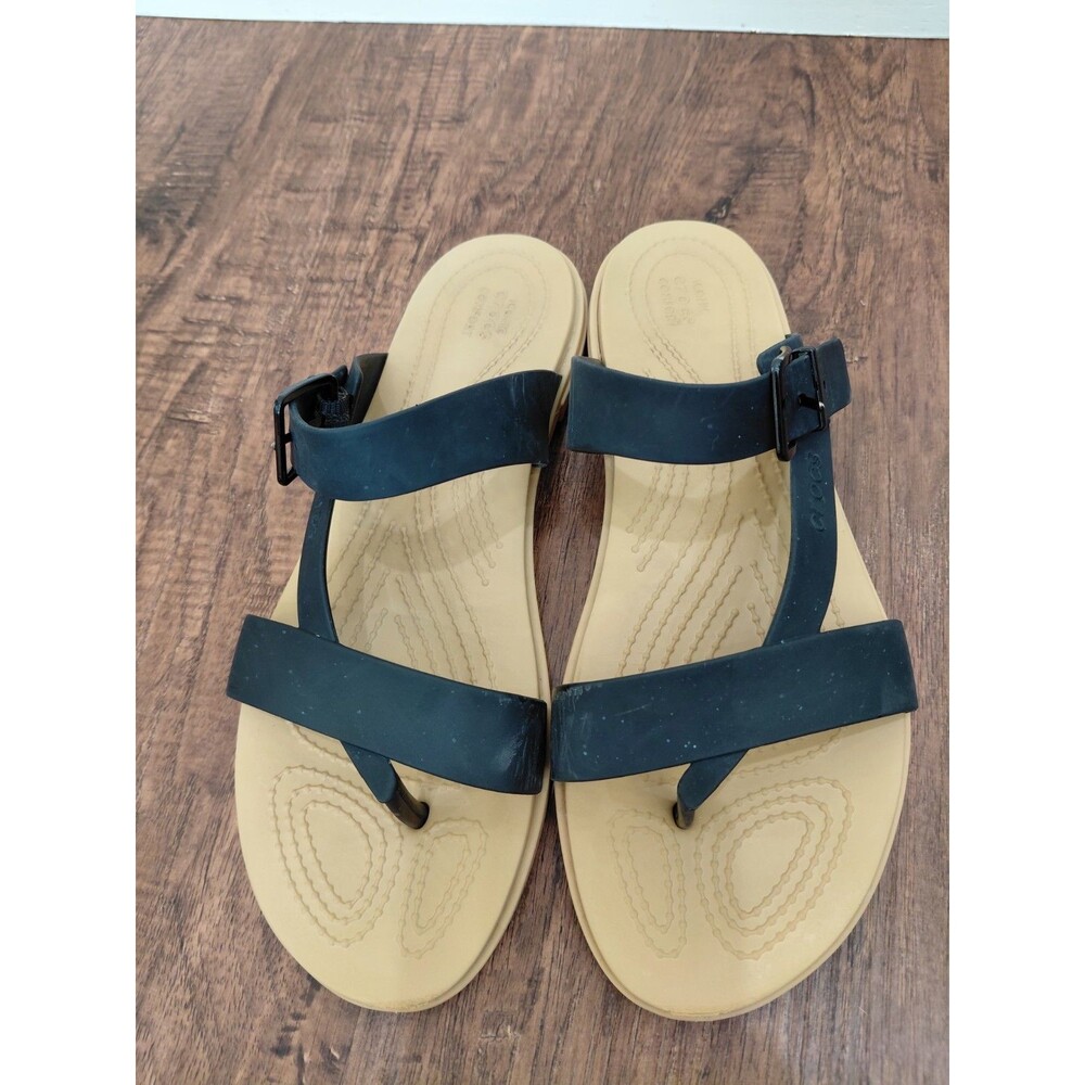 Crocs Tulum Toe Post Sandal Black Tan Rubber Comfort Sandals, Size Womens 10 - Picture 12 of 12